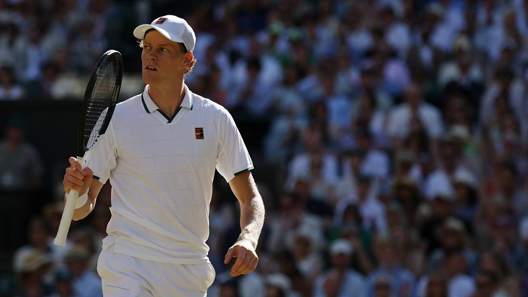 Jul 12, 2026; London, United Kingdom; Jannik Sinner (ITA) reacts after winning a point against Alexander Zverev (GER) (not pictured) in the gentlemen's singles final of The Championships Wimbledon 2026 at All England Lawn Tennis and Croquet Club. Mandatory Credit: Geoff Burke-Imagn Images