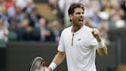 Jul 6, 2025; Wimbledon, United Kingdom; Cameron Norrie (GBR) reacts after winning a game against Nicolas Jarry (CHI)(not pictured) on day seven of The Championships Wimbledon 2025 at All England Lawn Tennis and Croquet Club. Mandatory Credit: Geoff Burke-Imagn Images