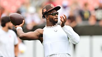 Cleveland Browns quarterback Shedeur Sanders warms up before the game against the Los Angeles Rams.  