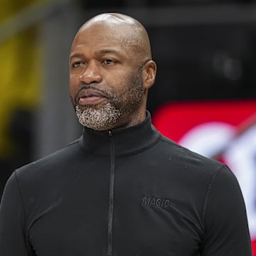 Apr 13, 2025; Atlanta, Georgia, USA; Orlando Magic head coach Jamahl Mosley on the court during the game against the Atlanta Hawks during the second half at State Farm Arena. Mandatory Credit: Dale Zanine-Imagn Images