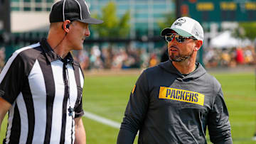 Green Bay Packers head coach Matt LaFleur chats with a referee before practice on Saturday, July 27, 2024, at Ray Nitschke Field in Ashwaubenon, Wis.
Tork Mason/USA TODAY NETWORK-Wisconsin