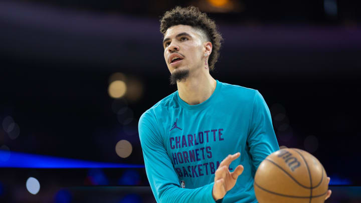 Mar 1, 2024; Philadelphia, Pennsylvania, USA; Charlotte Hornets guard LaMelo Ball practices before a game against the Philadelphia 76ers at Wells Fargo Center. Mandatory Credit: Bill Streicher-USA TODAY Sports