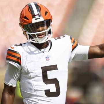 Aug 17, 2024; Cleveland, Ohio, USA; Cleveland Browns quarterback Jameis Winston (5) warms up before the game against the Minnesota Vikings at Cleveland Browns Stadium. Mandatory Credit: Scott Galvin-USA TODAY Sports