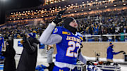 South Dakota State   s Matthew Durrance yells and jumps on the sidelines as it becomes clear the team will has won against Montana State in the FCS semifinals on Saturday, December 17, 2022, at Dana J. Dykhouse Stadium in Brookings, SD.

Fcs Semifinals 029