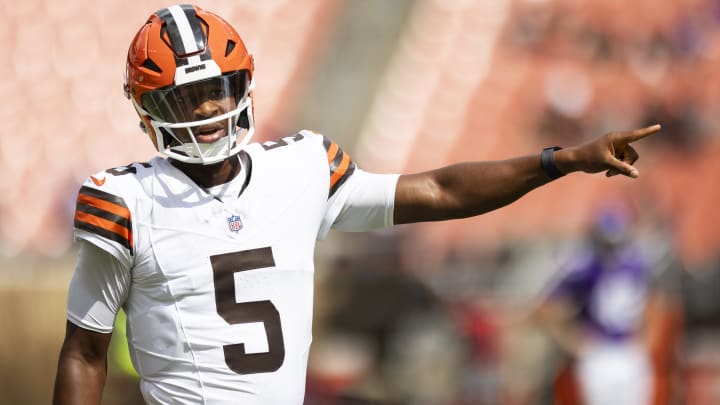 Aug 17, 2024; Cleveland, Ohio, USA; Cleveland Browns quarterback Jameis Winston (5) warms up before the game against the Minnesota Vikings at Cleveland Browns Stadium.