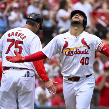 May 5, 2024; St. Louis, Missouri, USA;  St. Louis Cardinals designated hitter Willson Contreras (40) reacts after hitting a solo home run against the Chicago White Sox during the fourth inning at Busch Stadium.