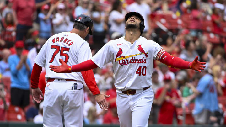 May 5, 2024; St. Louis, Missouri, USA;  St. Louis Cardinals designated hitter Willson Contreras (40) reacts after hitting a solo home run against the Chicago White Sox during the fourth inning at Busch Stadium.