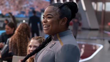 L-R: George Hawkins, Bella Shepard and Kerrice Brooks in season 1, episode 5 of Star Trek: Starfleet Academy streaming on Paramount+. Photo Credit: Brooke Palmer/Paramount+