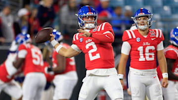 (EDITORÕS NOTE: Resubmitted with alternate crop.) Mississippi Rebels quarterback Jaxson Dart (2) throws the ball before the TaxSlayer Gator Bowl Thursday, Jan. 2, 2025 at EverBank Stadium in Jacksonville, Fla. [Corey Perrine/Florida Times-Union]