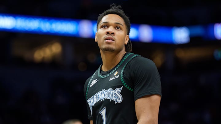 Nov 29, 2025; Minneapolis, Minnesota, USA; Minnesota Timberwolves guard Terrence Shannon Jr. (1) during a stoppage against the Boston Celtics in the fourth quarter at Target Center. Mandatory Credit: Matt Blewett-Imagn Images