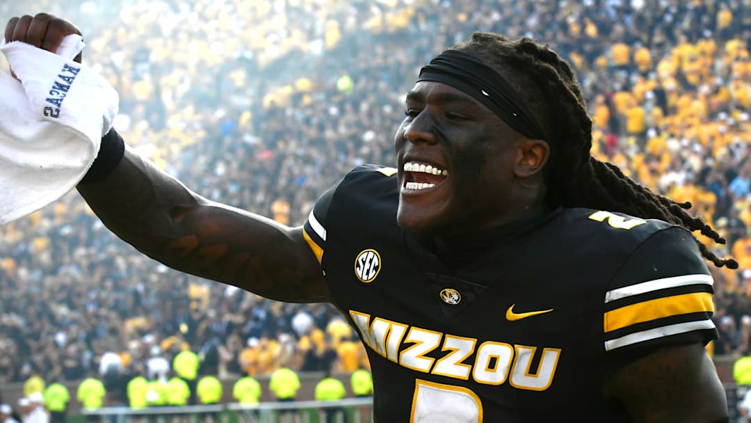 Sep 6, 2025; Columbia, Missouri, USA; Missouri Tigers cornerback Toriano Pride Jr. (2) celebrates after the Tigers' 42-31 victory in the Border War against the Kansas Jayhawks at Faurot Field at Memorial Stadium. 