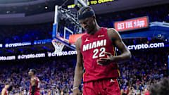Apr 17, 2024; Philadelphia, Pennsylvania, USA; Miami Heat forward Jimmy Butler (22) reacts after a