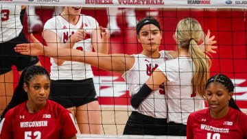 Oct 21, 2023; Lincoln, NE, USA; Nebraska Cornhuskers middle blocker Bekka Allick (5) reacts after a point against the Wisconsin Badgers during the fifth set at the Bob Devaney Sports Center.