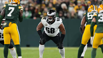 Nov 10, 2025; Green Bay, Wisconsin, USA;  Philadelphia Eagles offensive tackle Jordan Mailata (68) during the game against the Green Bay Packers at Lambeau Field. 