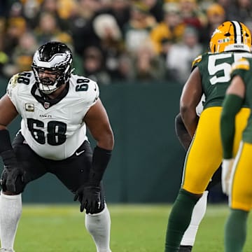Nov 10, 2025; Green Bay, Wisconsin, USA;  Philadelphia Eagles offensive tackle Jordan Mailata (68) during the game against the Green Bay Packers at Lambeau Field. 