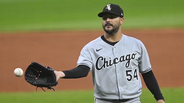Sep 12, 2025; Cleveland, Ohio, USA; Chicago White Sox starting pitcher Martin Perez (54) reacts after walking a batter in the first inning against the Cleveland Guardians at Progressive Field. Mandatory Credit: David Richard-Imagn Images