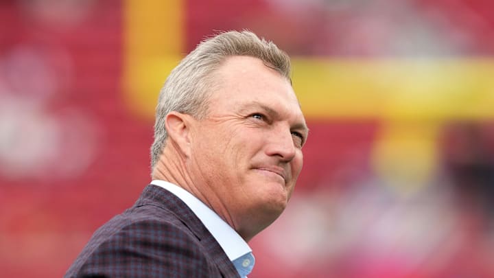 Sep 28, 2025; Santa Clara, California, USA; San Francisco 49ers general manager John Lynch before the game against the Jacksonville Jaguars at Levi's Stadium. Mandatory Credit: Darren Yamashita-Imagn Images