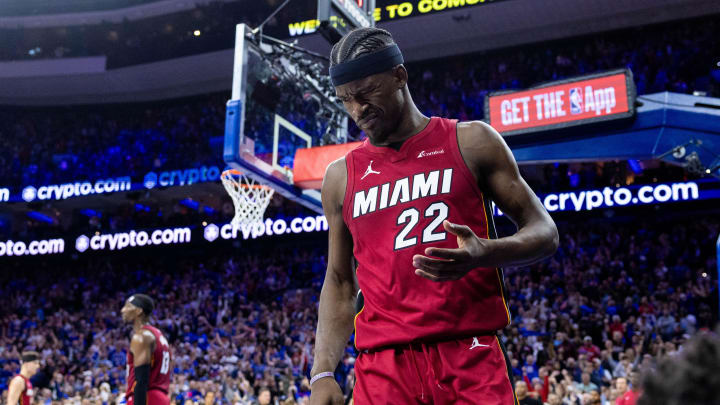 Apr 17, 2024; Philadelphia, Pennsylvania, USA; Miami Heat forward Jimmy Butler (22) reacts after a collision during the fourth quarter against the Philadelphia 76ers in a play-in game of the 2024 NBA playoffs at Wells Fargo Center. Mandatory Credit: Bill Streicher-USA TODAY Sports