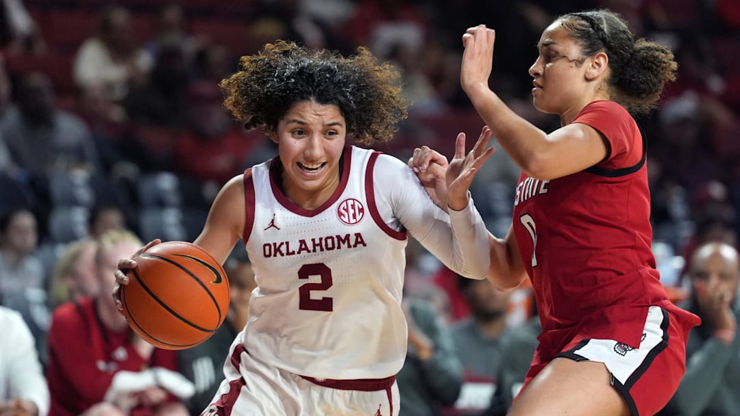 Oklahoma guard Aaliyah Chavez drives in the Sooners' contest against NC State.