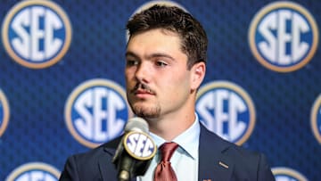 Jul 15, 2025; Atlanta, GA, USA; Auburn Tigers quarterback Jackson Arnold answers questions from the media during SEC Media Days at Omni Atlanta Hotel. Mandatory Credit: Jordan Godfree-Imagn Images