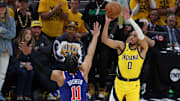 Indiana Pacers guard Tyrese Haliburton shoots over New York Knicks guard Jalen Brunson during the 2025 NBA Playoffs
