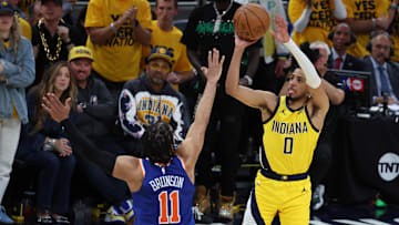 Indiana Pacers guard Tyrese Haliburton shoots over New York Knicks guard Jalen Brunson during the 2025 NBA Playoffs