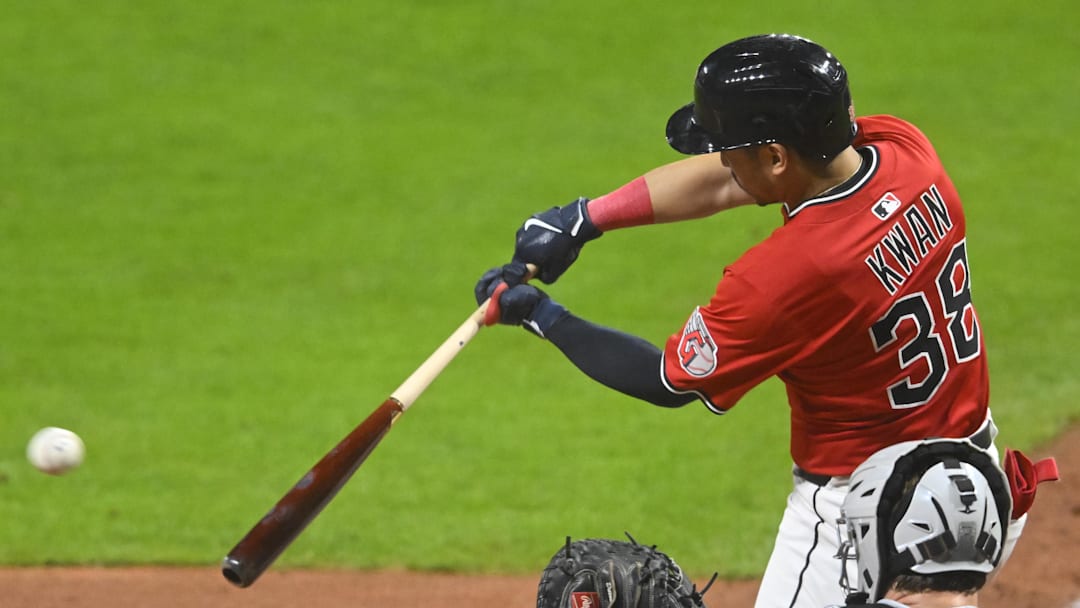Sep 23, 2025; Cleveland, Ohio, USA; Cleveland Guardians left fielder Steven Kwan (38) doubles in the seventh inning against the Detroit Tigers at Progressive Field. Mandatory Credit: David Richard-Imagn Images