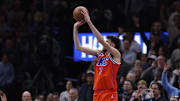 Nov 26, 2025; Oklahoma City, Oklahoma, USA; Oklahoma City Thunder center Chet Holmgren (7) shoots a three point basket against the Minnesota Timberwolves during the second half at Paycom Center. Mandatory Credit: Alonzo Adams-Imagn Images