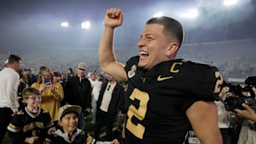 Vanderbilt quarterback Diego Pavia (2) celebrates after the team’s win against Kentucky at FirstBank Stadium in Nashville, Tenn., Saturday, Nov. 22, 2025.