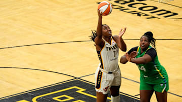 Indiana Fever center-forward Aliyah Boston (7) shoots against BrazilÕs Licinara Rodrigues Bispo (14) during an WNBA game May 4, 2025 at Carver-Hawkeye Arena in Iowa City, Iowa.
