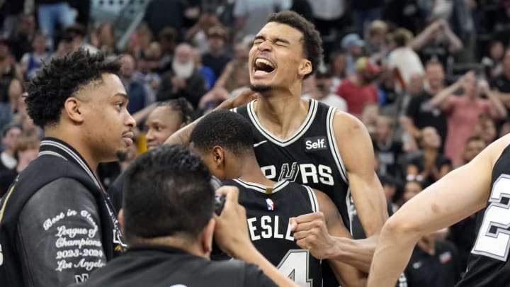 Apr 12, 2024; San Antonio, Texas, USA; San Antonio Spurs forward Victor Wembanyama (1) and teammates react after a victory over the Denver Nuggets at Frost Bank Center. Mandatory Credit: Scott Wachter-USA TODAY Sports