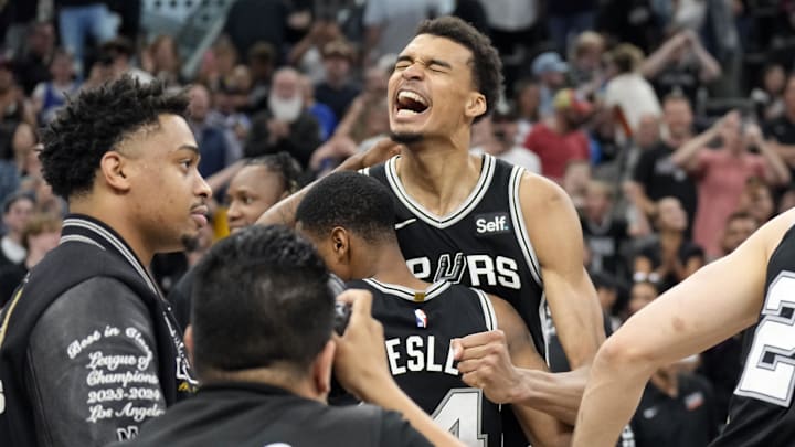 Apr 12, 2024; San Antonio, Texas, USA; San Antonio Spurs forward Victor Wembanyama (1) and teammates react after a victory over the Denver Nuggets at Frost Bank Center. Mandatory Credit: Scott Wachter-Imagn Images