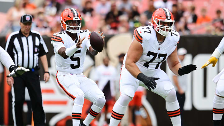 Aug 10, 2024; Cleveland, Ohio, USA; Cleveland Browns quarterback Jameis Winston (5) takes a snap against the Green Bay Packers at Cleveland Browns Stadium. Mandatory Credit: Ken Blaze-USA TODAY Sports