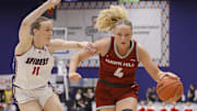 Mar 8, 2025; Henrico, VA, USA; Saint Joseph's Hawks forward Laura Ziegler (4) dribbles the ball as Richmond Spiders forward Anna Camden (11) defends during the second half at Henrico Sports & Events Center. Mandatory Credit: Amber Searls-Imagn Images