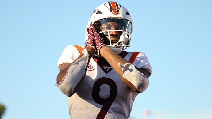 Sep 16, 2023; Piscataway, New Jersey, USA; Virginia Tech Hokies wide receiver Da'Quan Felton (9) reacts after a receiving touchdown during the second half against the Rutgers Scarlet Knights at SHI Stadium. Mandatory Credit: Vincent Carchietta-Imagn Images