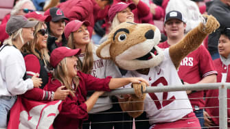 Nov 5, 2022; Stanford, California, USA; /Washington State Cougars mascot Butch T. Cougar takes a selfie with fans during the fourth quarter against the Stanford Cardinal at Stanford Stadium. Mandatory Credit: Darren Yamashita-USA TODAY Sports