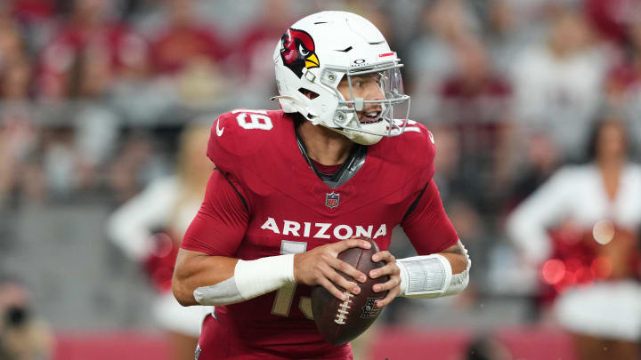 Aug 10, 2024; Glendale, Arizona, USA; Arizona Cardinals quarterback Desmond Ridder (19) drops back to pass against the New Orleans Saints during the first half at State Farm Stadium. Mandatory Credit: Joe Camporeale-USA TODAY Sports