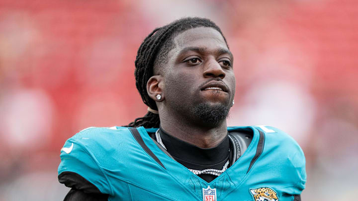 September 28, 2025; Santa Clara, California, USA; Jacksonville Jaguars wide receiver Brian Thomas Jr. (7) after the game against the San Francisco 49ers at Levi's Stadium. 