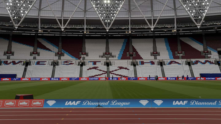 Jul 21, 2016; London, United Kingdom; General view of the seats at Olympic Stadium with the team name West Ham United F.C. prior to the London Anniversary Games. Mandatory Credit: Kirby Lee-Imagn Images