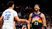 Nov 13, 2025; Phoenix, Arizona, USA; Phoenix Suns guard Jordan Goodwin (23) celebrates after scoring during the second half of the game at Mortgage Matchup Center. Mandatory Credit: Arianna Grainey-Imagn Images