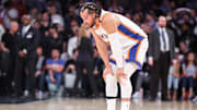 Apr 29, 2025; New York, New York, USA; New York Knicks guard Jalen Brunson (11) reacts after being hurt in the fourth quarter against the Detroit Pistons during game five of first round for the 2025 NBA Playoffs at Madison Square Garden. Mandatory Credit: Wendell Cruz-Imagn Images
