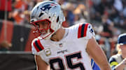 Nov 23, 2025; Cincinnati, Ohio, USA; New England Patriots tight end Hunter Henry (85) celebrates after scoring a touchdown during the first half against the Cincinnati Bengals at Paycor Stadium. Mandatory Credit: Joseph Maiorana-Imagn Images