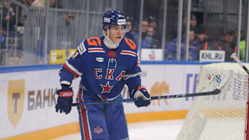 Ivan Demidov (91) of SKA Hockey Club seen in action during...