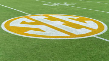 Sep 22, 2018; Knoxville, TN, USA; SEC logo on the field at Neyland Stadium before a game between the Tennessee Volunteers and Florida Gators. Mandatory Credit: Bryan Lynn-USA TODAY Sports