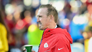 Nov 2, 2025; Orchard Park, New York, USA; Kansas City Chiefs defensive coordinator Steve Spagnuolo on the field before a game against the Buffalo Bills at Highmark Stadium. Mandatory Credit: Mark Konezny-Imagn Images