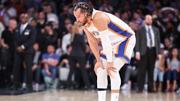Apr 29, 2025; New York, New York, USA; New York Knicks guard Jalen Brunson (11) reacts after being hurt in the fourth quarter against the Detroit Pistons during game five of first round for the 2025 NBA Playoffs at Madison Square Garden. Mandatory Credit: Wendell Cruz-Imagn Images