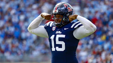 Oct 26, 2024; Oxford, Mississippi, USA; Mississippi Rebels defensive end Jared Ivey (15) flexes during the second half against the Oklahoma Sooners at Vaught-Hemingway Stadium. Mandatory Credit: Petre Thomas-Imagn Images