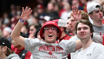 Feb 15, 2024; Pullman, Washington, USA; Washington State Cougars celebrates during a men   s basketball game against the California Golden Bears in the second half at Friel Court at Beasley Coliseum. Washington State Cougars won 84-65. Mandatory Credit: James Snook-Imagn Images