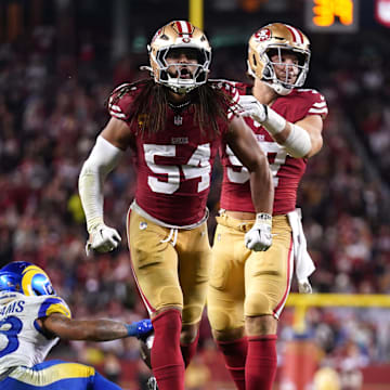 Dec 12, 2024; Santa Clara, California, USA; San Francisco 49ers linebacker Fred Warner (54) reacts after making a tackle against the Los Angeles Rams in the fourth quarter at Levi's Stadium. Mandatory Credit: Cary Edmondson-Imagn Images