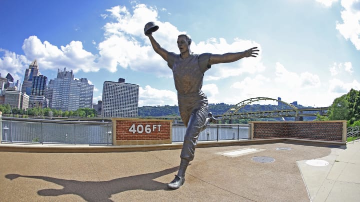 Jul 28, 2020; Pittsburgh, Pennsylvania, USA; Statue depicting the 1960 World Series home run hit by